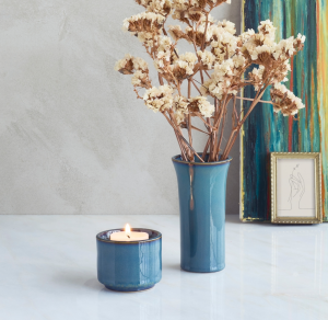 HELIOS – handgemaakte mini urne met theelichthouder in groen & blauw keramiek